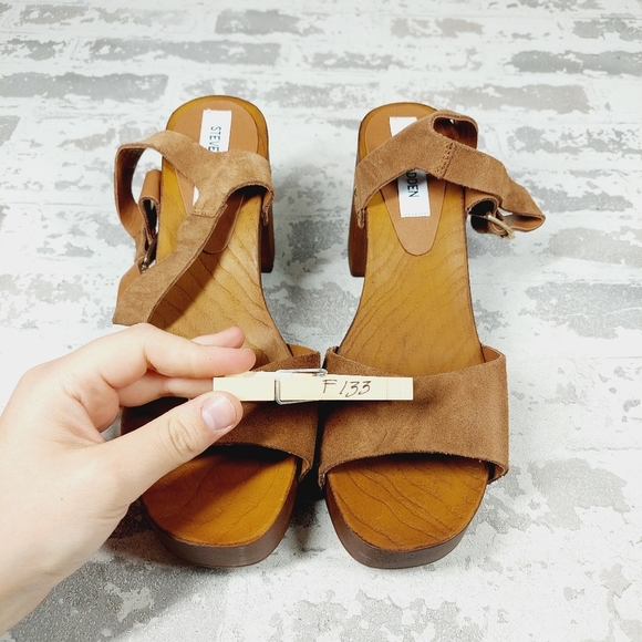 NEW Steve Madden Alabama Platform Brown Suede Wooden Studded Sandals 133 - Picture 10 of 12
